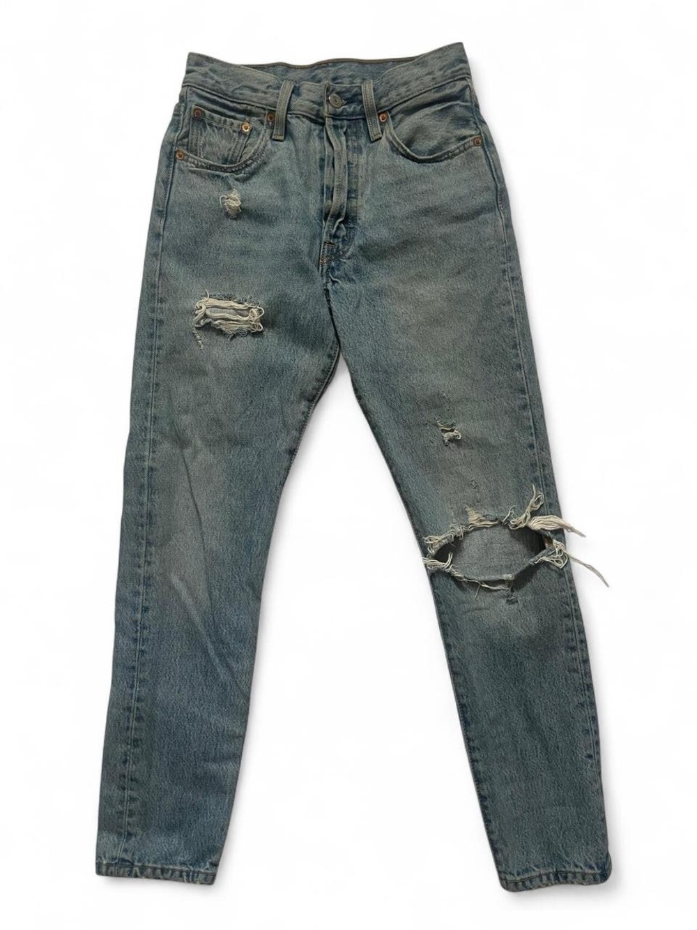 Distressed Levi’s 501 Light Wash Ripped Denim Jeans • SIZE - XXS / W24 L28 - Picture 4 of 8